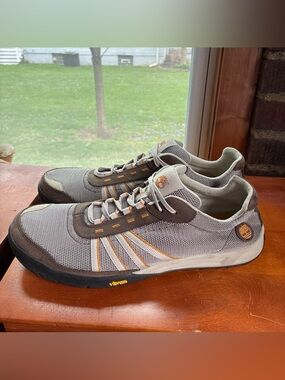 Timberland Men's Gray and Brown Mesh Lace-Up Sneakers with Orange Details